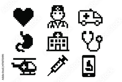 Pixel art medical icon set. 8-bit retro game style healthcare symbols. Doctor, hospital, ambulance, heart, organ, syringe, helicopter, stethoscope, mobile app vector pack.