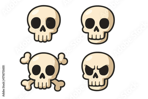 Cartoon skull icon set. Cute and scary Halloween character heads collection. Vector illustration of skeleton, evil face, pirate jolly roger symbol and crossbones sign.