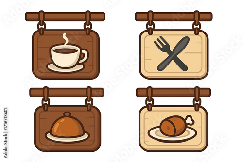 Restaurant signboard icon set, wooden cafe sign collection. Food, dinner, coffee menu symbols. Vector cartoon for tavern, pub, eatery. Meat, fork, knife, serving cloche icons.
