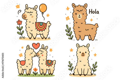 Cute llama and alpaca cartoon character set. Hand drawn vector illustrations for nursery decor, baby shower, or greeting cards. Kawaii animal collection with couple in love.