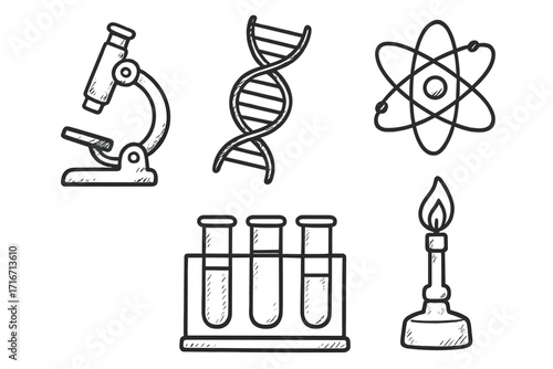 Hand drawn science icon set. Sketchy lab equipment collection. Microscope, DNA helix, atom symbol, test tubes, bunsen burner. Vector biology, chemistry, physics doodle.