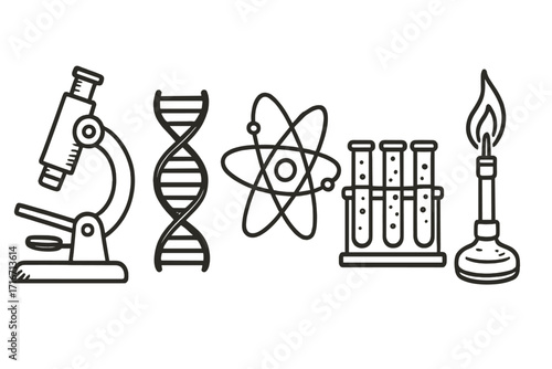 Science icon set line art. Hand drawn cartoon vector illustration of laboratory equipment. Microscope, DNA, atom, test tubes, Bunsen burner. Chemistry, biology research.