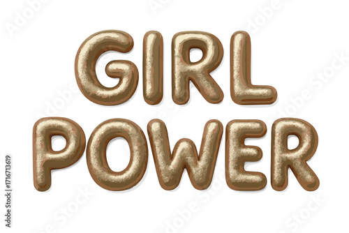 Girl power 3D metallic lettering, realistic gold clay modeling text, inspirational feminism design, empowerment phrase, creative shiny typography, vector illustration