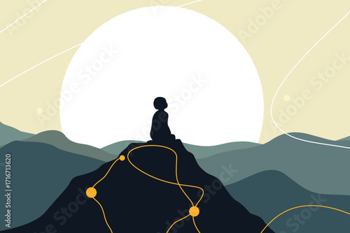 Silhouette of man meditating on mountain peak at sunrise – spirituality, mindfulness, inner peace