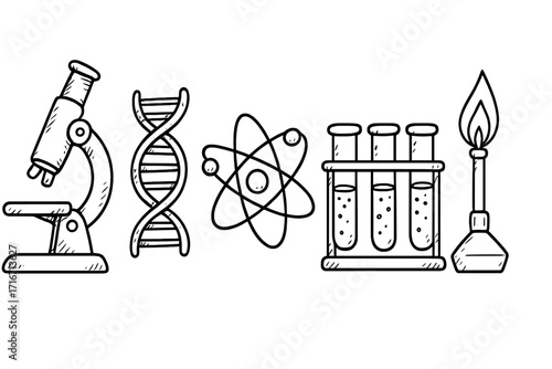 Hand-drawn science icons set. Vector sketch of microscope, DNA, atom, test tubes, bunsen burner. Doodle illustration for biology, chemistry, physics laboratory research.