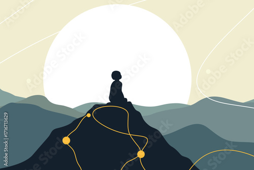 Silhouette of man meditating on mountain peak at sunrise – spirituality, mindfulness, inner peace