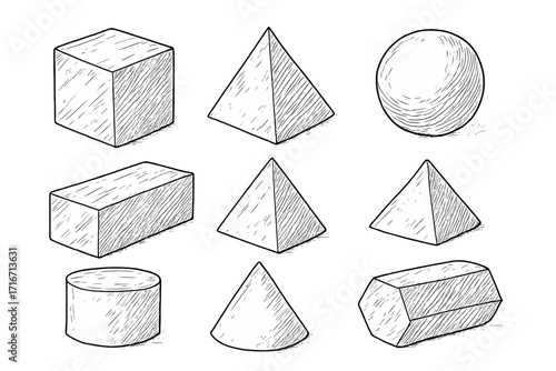 Hand drawn 3d geometric shapes set. Sketch style vector illustration of basic forms. Doodle geometry objects: cube, pyramid, sphere, cone. Math and physics education concept.