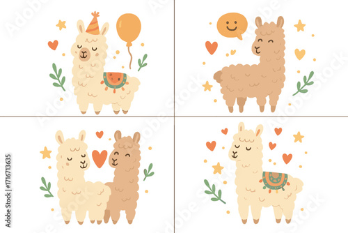Llama and alpaca cute cartoon character collection. Hand drawn vector animal illustrations for nursery decor, kids party invitations, greeting cards, posters. Birthday and love set.