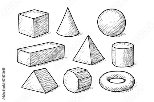 Hand drawn 3d geometric shapes set in sketch style. Vector cartoon illustration of basic geometry solids. Cube, cone, pyramid, sphere, cylinder for math education concept.