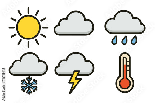 Simple weather icons set with sun, cloud, rain drops, snowflake, lightning bolt, and thermometer vector cartoon illustration, transparent background, ordered weather symbols collection