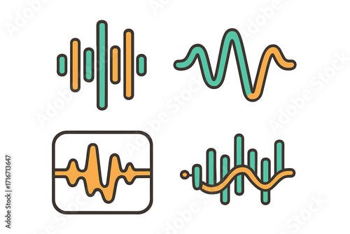 Sound wave icons set for audio concepts. Music waveform, voice signal, and equalizer graph. Vector cartoon illustration for recording studio, podcast, and radio design.