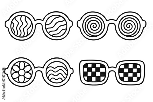 Groovy psychedelic sunglasses set. Retro 1970s trippy hippie eyewear with geometric patterns. Hand drawn vector doodle. Swirl, checkerboard, flower wave design element.