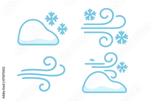 Snow drift and wind icon set. Flat vector cartoon illustration of blowing snow, blizzard, and winter weather symbols. Cold seasonal climate graphic with snowflakes and gusts.