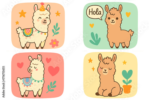Cute llama and alpaca cartoon character collection. Set of hand-drawn kawaii animal illustrations for nursery decor, baby shower, greeting cards, posters, and stickers. Vector.