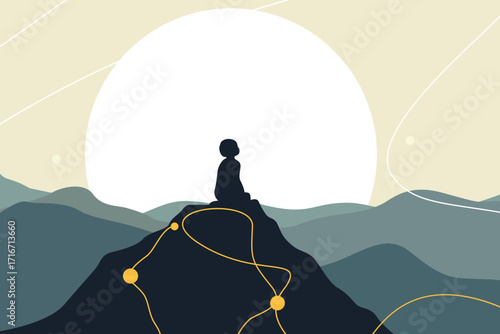 Silhouette of man meditating on mountain peak at sunrise – spirituality, mindfulness, inner peace