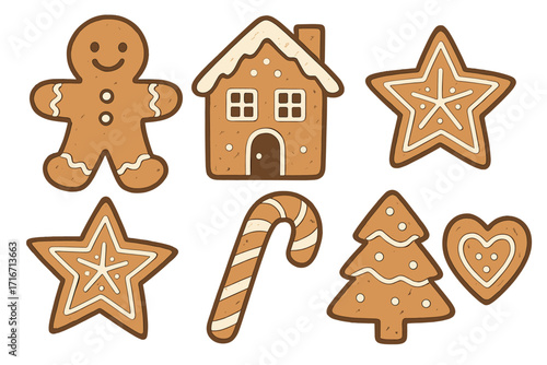 Christmas gingerbread cookie set. Hand drawn vector cartoon illustration. Holiday food collection includes gingerbread man, house, star, candy cane, tree, and heart icons.