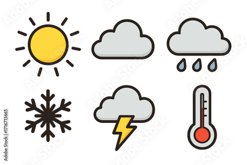 Simple weather icons vector set featuring sun, cloud, rain, snowflake, lightning, thermometer, cartoon style illustration, transparent background, ordered design collection