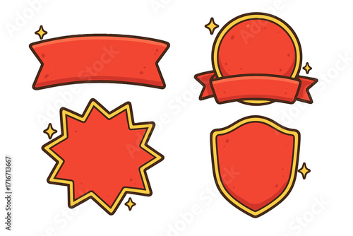 Sale banners and badges set. Red special offer labels collection for promotion. Empty cartoon price tags, retro starburst, ribbon, shield. Vector graphic element for design.