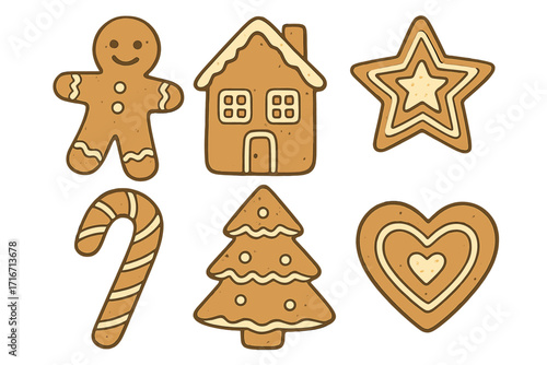 Christmas gingerbread cookie set vector illustration. Hand-drawn cartoon holiday sweets collection: gingerbread man, house, star, tree, candy cane, and heart. Festive winter design elements.