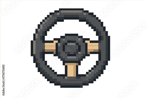 Steering wheel pixel art icon. Retro video game asset. Car driving and racing simulator symbol. 8-bit automobile control element. Vector illustration for transport concept.