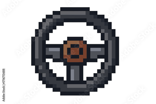 Pixel art steering wheel icon for retro video game. 8-bit car vehicle driving symbol. Vector cartoon illustration isolated on a transparent background for gaming asset design.