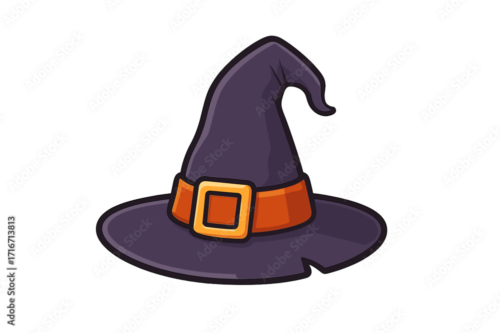 Naklejka premium Witch hat vector icon for Halloween. Magic wizard cap symbol. Cartoon illustration of a spooky fantasy costume accessory for a party. Mystical pointed sorcery headwear.