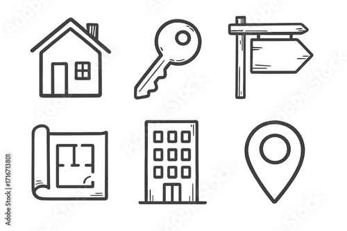 Real estate icon set, hand drawn vector illustration. Doodle sketch style icons for property business, including home, key, for sale sign, blueprint, building, location pin.