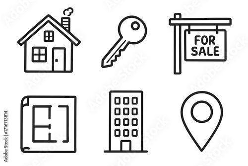 Real estate hand drawn icon set. Home, key, for sale sign, blueprint, building, and location pin. Property business concept. Vector line art illustration for realty or realtor.