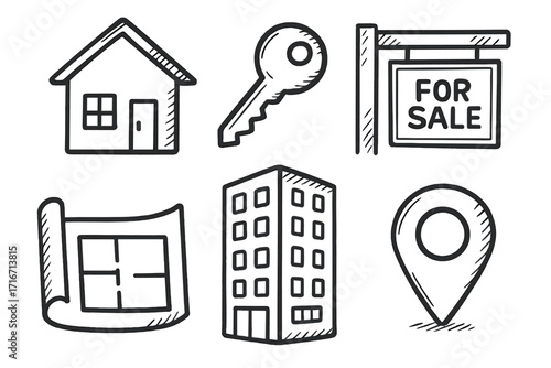 Real estate icon set. Hand drawn doodle sketch style. Property investment, housing market symbols. For sale sign, building, key, blueprint, home, house, and location pin.