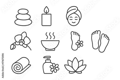 Minimalist Spa and Wellness Icons Set, Relaxation and Self-Care Vector Line Art, Massage Stones, Candle, Facial Care, Orchid Flower, Aromatherapy, Foot Massage, Towel and Lotion Bottle Illustration