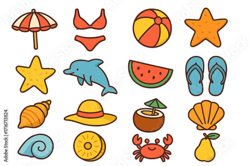 Summer beach vacation icon set. Cute cartoon vector illustration. Holiday travel collection with swimwear, sea animals, fruit, umbrella, ball, flip flops, hat, shells.