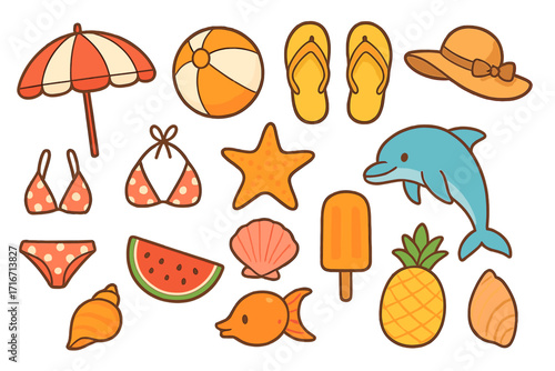 Cute summer beach vacation icon set. Cartoon vector illustration collection of holiday items like swimwear, dolphin, fruit, umbrella, ball, flip flops, hat, and shells.