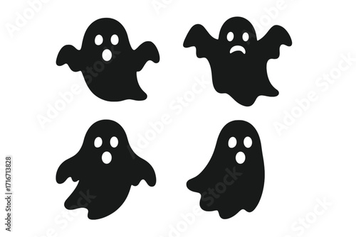 Set of cute ghost characters. Spooky Halloween vector icons. Black silhouette phantom spirit symbols for decoration. Funny and sad boo monsters collection for holiday design.