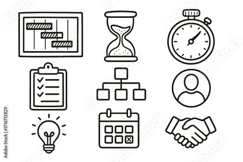 Project management hand drawn doodle icon set. Vector illustration for business process, planning, schedule, time management, deadline, gantt chart, stopwatch and idea.