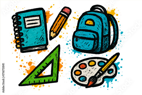Back to school creative art supplies set. Hand drawn grunge vector illustration. Urban graffiti style stationery concept with notebook, pencil, backpack, and paint palette.