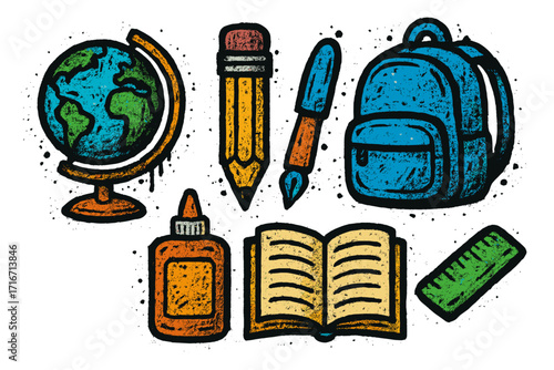 Back to School grunge icon set. Hand drawn creative urban graffiti art design. Grungy stationery collection. Textured vector illustration. Cartoon school supplies globe, pencil, pen.