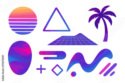 Synthwave retrowave 80s style vector element set. Retro futuristic vaporwave abstract shapes collection. Nostalgic design pack with neon gradient sun, grid, and palm tree.