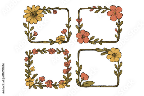 Vintage floral frame set. Hand-drawn botanical borders. Retro flower illustration for wedding invitations and greeting cards. Rustic autumn doodle collection. Square decorative element.