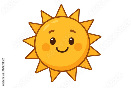 Cute happy sun cartoon illustration with smiling face isolated on transparent background, vector design for infographics, apps, weather, summer, nature concept