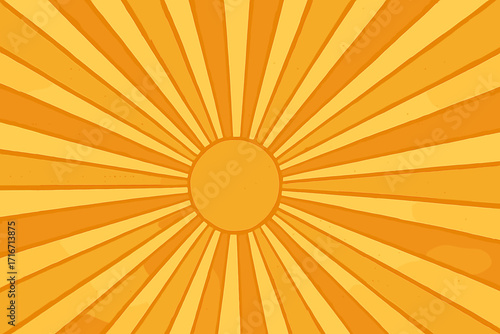Retro sunburst background with orange sun rays. Vintage 70s style comic design. Abstract sunrise or sunset vector illustration. Pop art starburst with grunge texture.