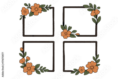Set of four hand-drawn floral frames with orange flowers. Elegant square botanical borders. Rustic vintage design elements for wedding invitations, greeting cards, or quotes.