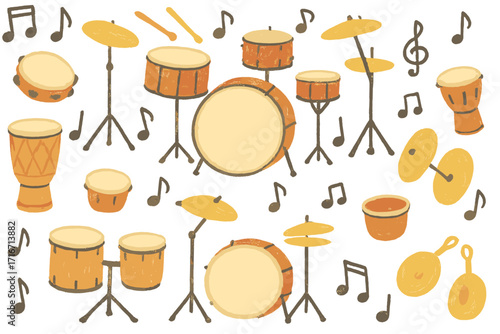 Hand drawn musical seamless pattern of drum set. Musical percussion instruments with notes. Childish vector illustration, cartoon music background, rhythm and sound concept.