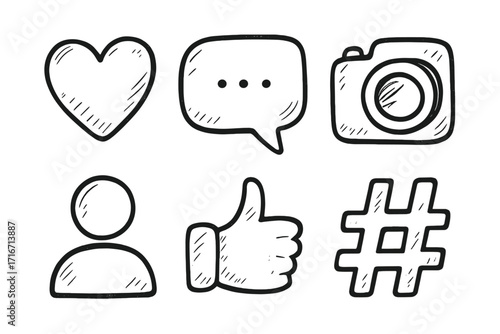 Hand drawn social media icons set. Doodle vector illustration collection with sketch symbols like heart, comment bubble, camera, user profile, thumbs up, and hashtag.