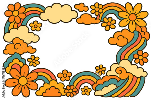 Hand drawn psychedelic groovy background with 70s retro flowers and rainbows. Vintage floral frame with vivid colors. Hippie contour vector illustration with doodle clouds.