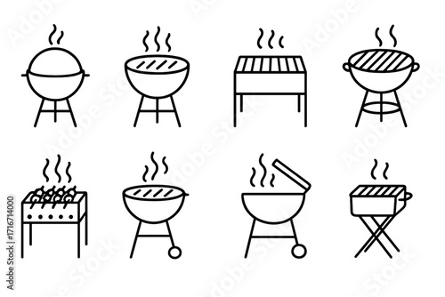 Linear barbecue grill icons set. Various grilling designs and styles. Vector illustration. Outdoor cooking, picnic, charcoal brazier and smoker symbols. Food concept.