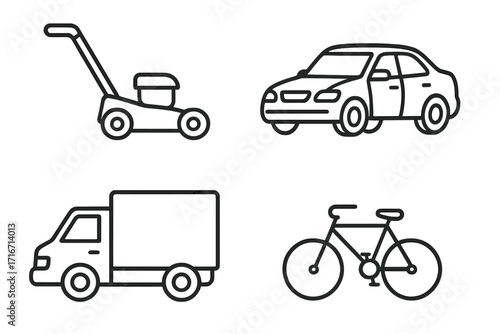 Lawn mower and vehicle icon set. Line drawing collection for transport and gardening themes. Vector illustrations of a car, truck, bicycle. Simple outline symbols. Minimalist pictograms.