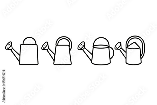 Watering can outline icon set. Minimalist linear design for gardening concepts. Vector illustration of garden tools. Pictogram collection of four watering cans for plants. Isolated.