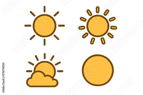 Vector cartoon sun icons set with transparent background, simple isolated sun symbols for UI design, weather forecast, sunny day, sunlight and summer concept icons collection
