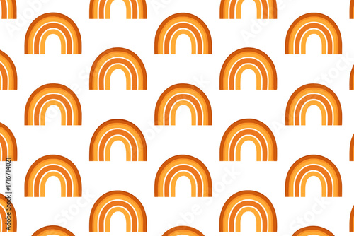 Retro 70s seamless pattern with groovy rainbow arches. Mid-century modern minimal background. Bohemian abstract geometric art in earthy terracotta colors for fabric.