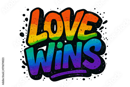 Love wins lettering in urban graffiti style. Textured rainbow vector for t-shirt print. LGBTQ pride month concept. Gay equality slogan. Gay rights & freedom symbol.